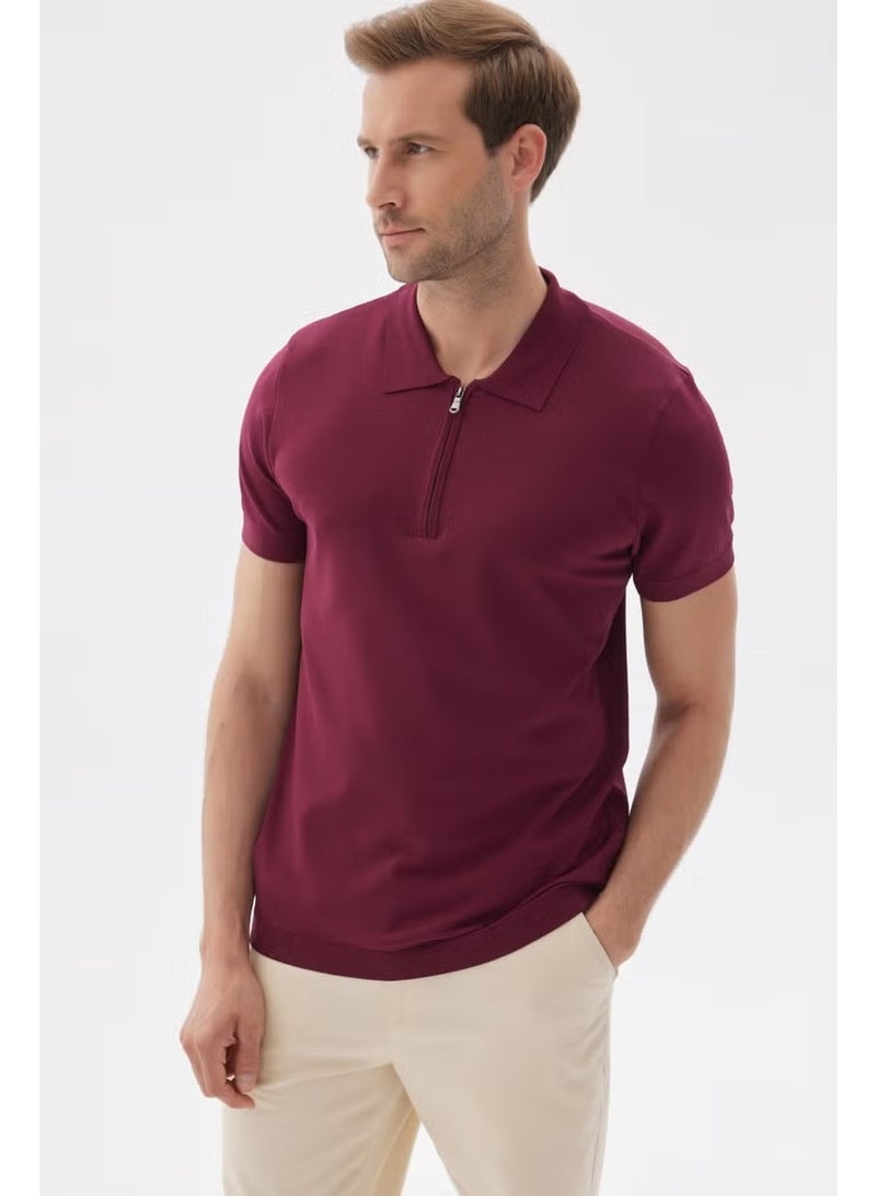Odelon Limited Men's Plain Zipper Polo Collar Rayon Knitwear T-Shirt Claret Red - Image 2